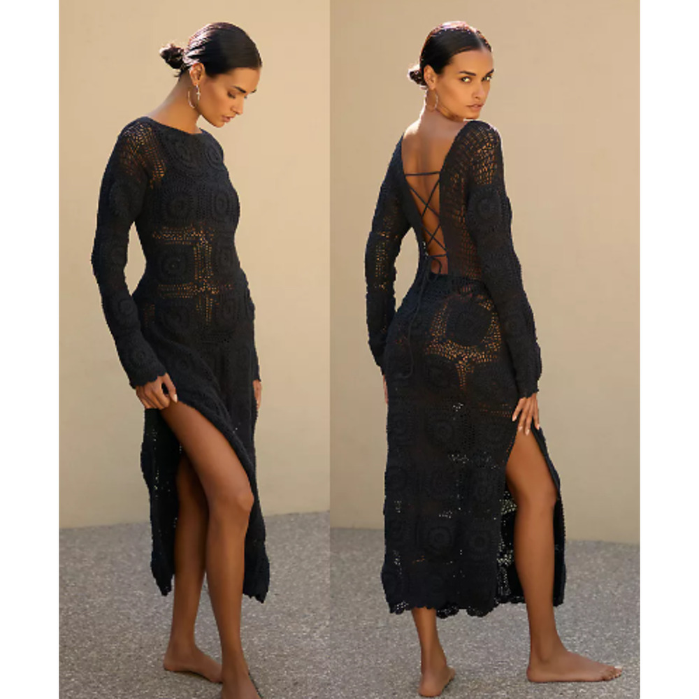 Mahila Long Sleeve Crochet Knit Slit Bohemiam Midi Dress Black Women's Size XS